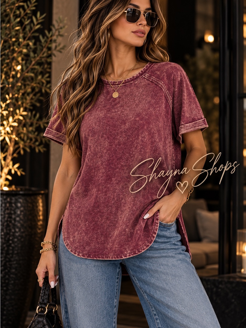 Zenana Acid Washed French Terry Cabernet Short Sleeve Top